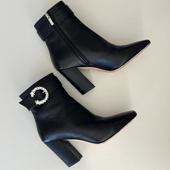 JIMMY CHOO Black Leather Boots | Designer Crystal Ankle Boots Size US 8 - Picture 2 of 13